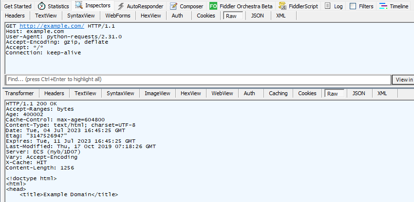 A screenshot of Fiddler showing the raw text sent for the HTTP request, as well as the data sent back